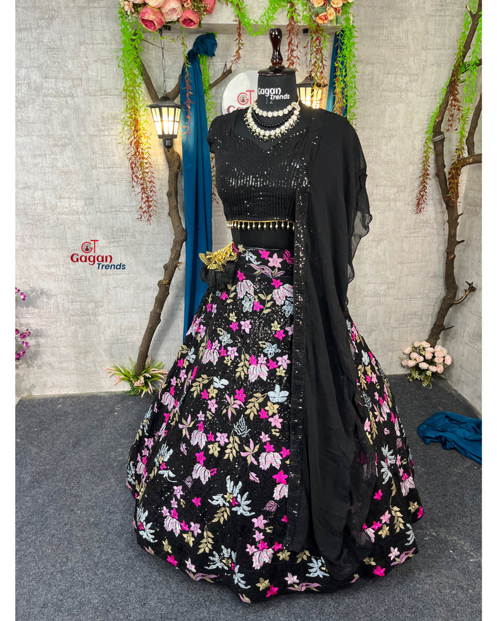 Designer Fox Georgette Lehenga with Double Sequins Embroidery & Ruffle Dupatta – Perfect for Weddings & Parties