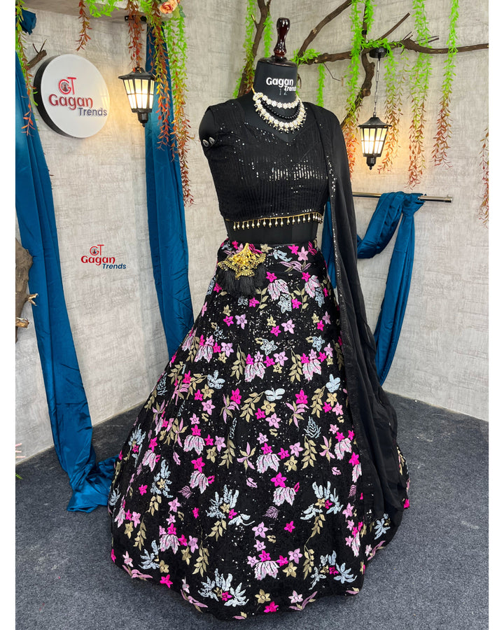 Designer Fox Georgette Lehenga with Double Sequins Embroidery & Ruffle Dupatta – Perfect for Weddings & Parties