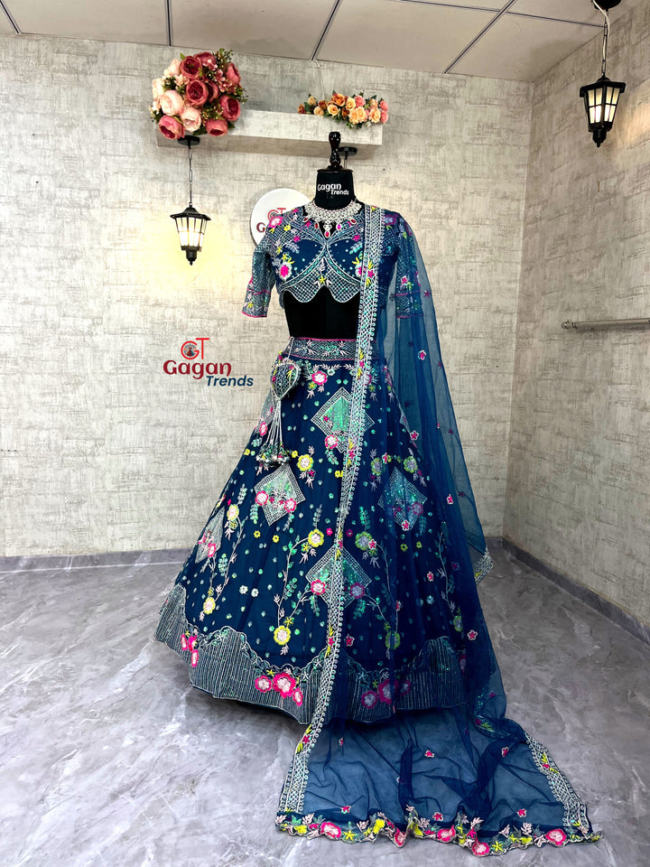 Butterfly Net Lehenga with Sequins Embroidery & Blouse – Semi-Stitched Designer Partywear Set