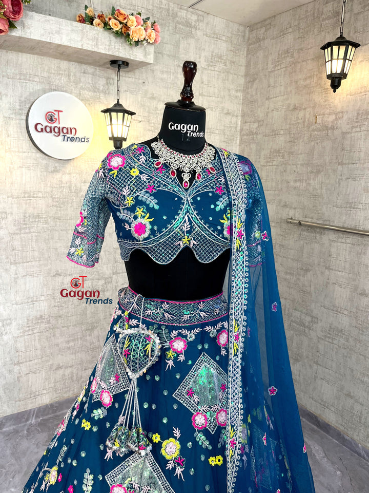 Butterfly Net Lehenga with Sequins Embroidery & Blouse – Semi-Stitched Designer Partywear Set