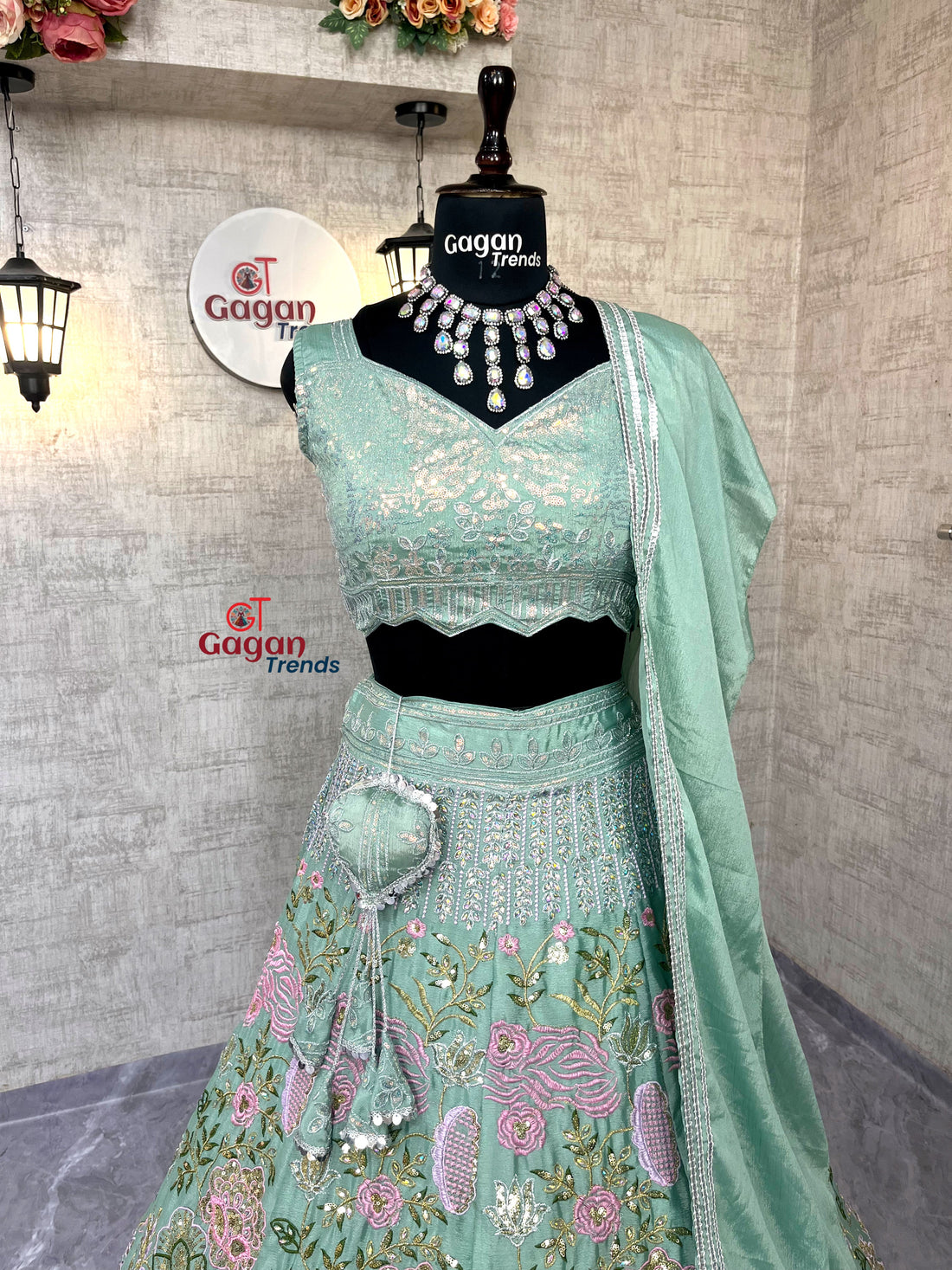 Heavy Chinon Silk  Lehenga with Embroidery Sequins & Cut Work – Semi-Stitched Set