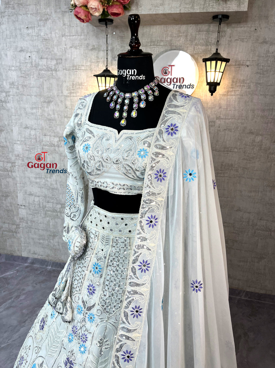 Faux Georgette Lehenga with Coding Sequins & Real Mirror Work – Semi-Stitched Set