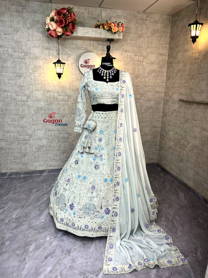 Faux Georgette Lehenga with Coding Sequins & Real Mirror Work – Semi-Stitched Set