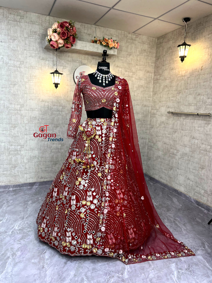 Soft Butterfly Net Lehenga with Real Mirror Embroidery Sequins Work – Semi-Stitched Set
