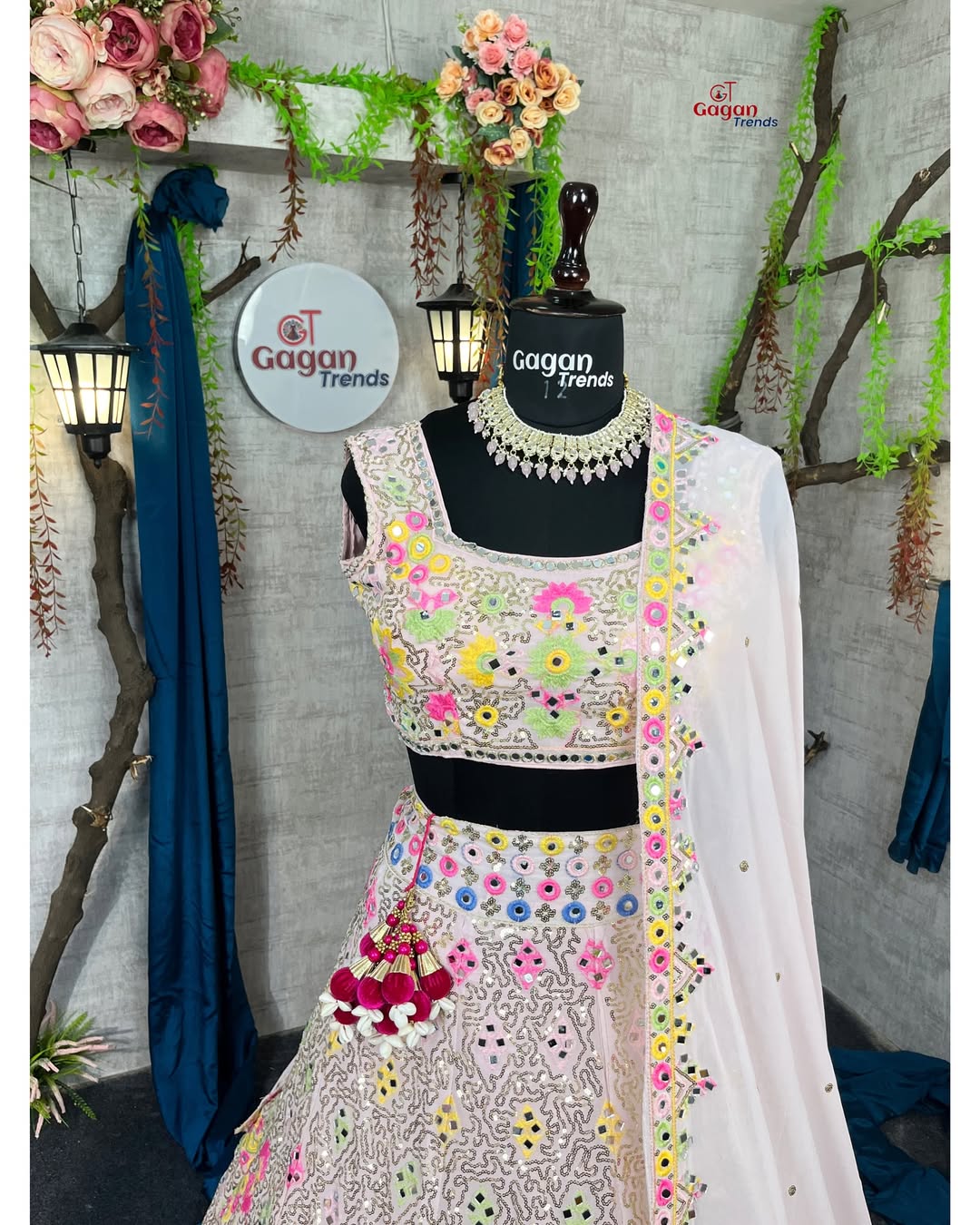 Multi colour Luxurious Faux Georgette lehenga with Mirror and  designer blouse