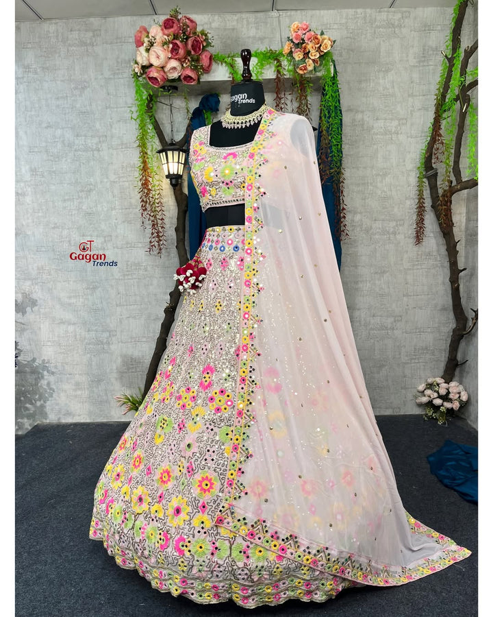 Multi colour Luxurious Faux Georgette lehenga with Mirror and  designer blouse