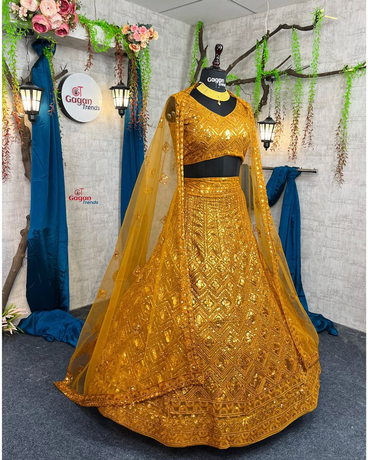 Yellow  Colour Soft Butterfly Net designer lehengas with blouse for wedding