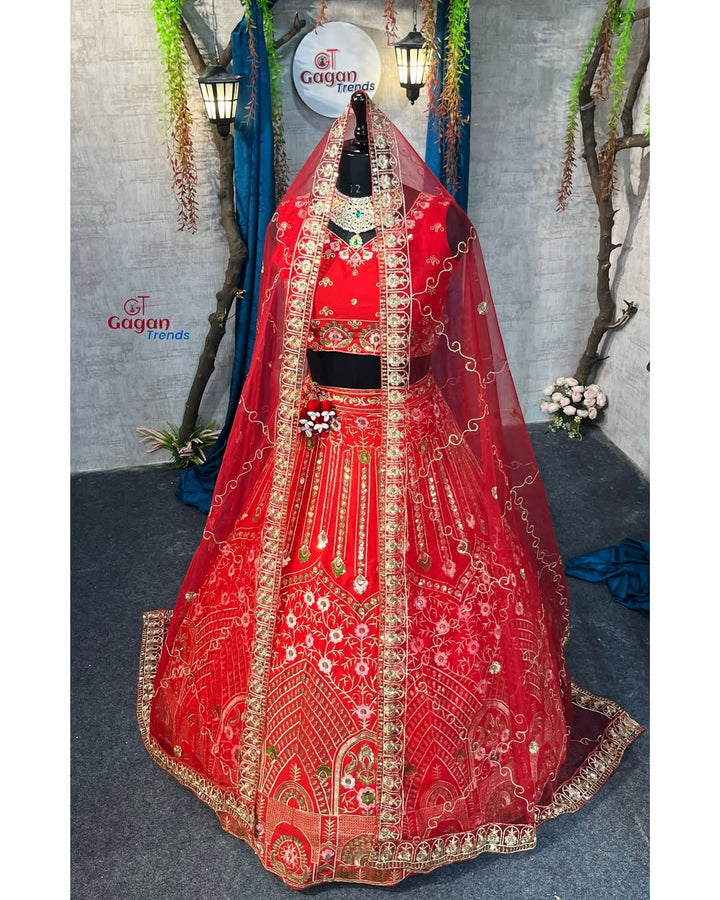 Red Premium Faux Georgette lehenga with Embroidery Sequins Work With Cancan & Canvas Patta and designer blouse.