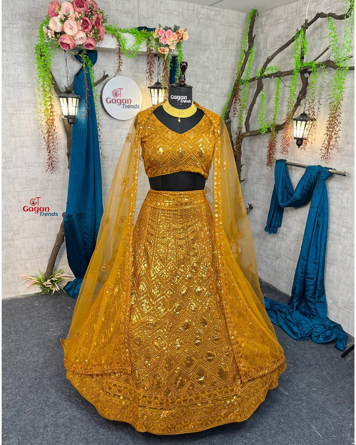 Yellow  Colour Soft Butterfly Net designer lehengas with blouse for wedding