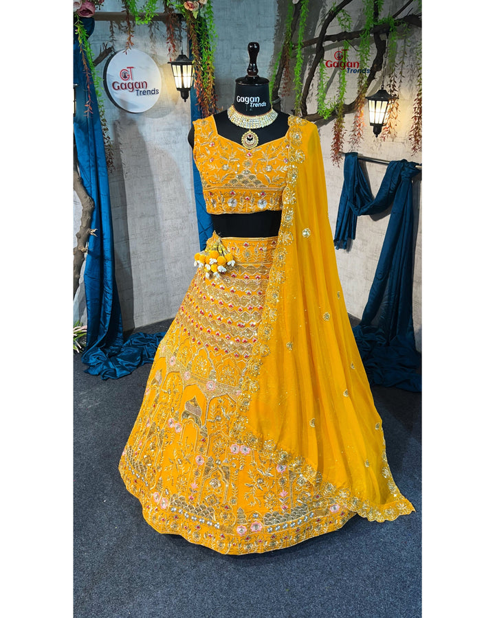 Fox Georgette Yellow Colour lehenga with delicate blouse for wedding