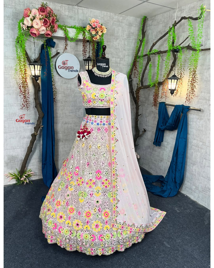 Multi colour Luxurious Faux Georgette lehenga with Mirror and  designer blouse