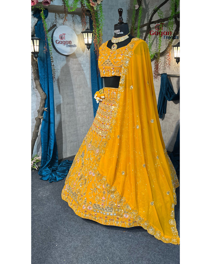Fox Georgette Yellow Colour lehenga with delicate blouse for wedding