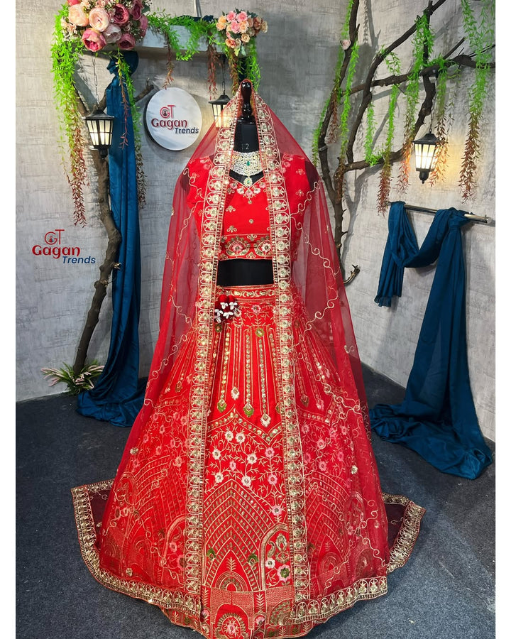 Red Premium Faux Georgette lehenga with Embroidery Sequins Work With Cancan & Canvas Patta and designer blouse.