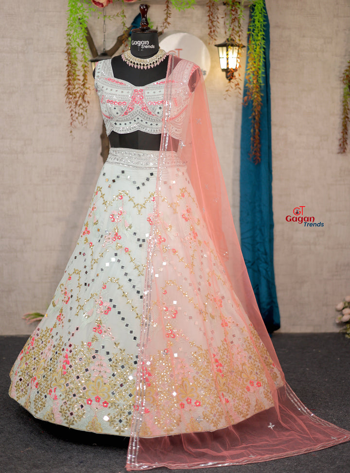 Real Mirror Work Faux Georgette Lehenga with Sequins Embroidery & Net Dupatta – Wedding & Party Wear