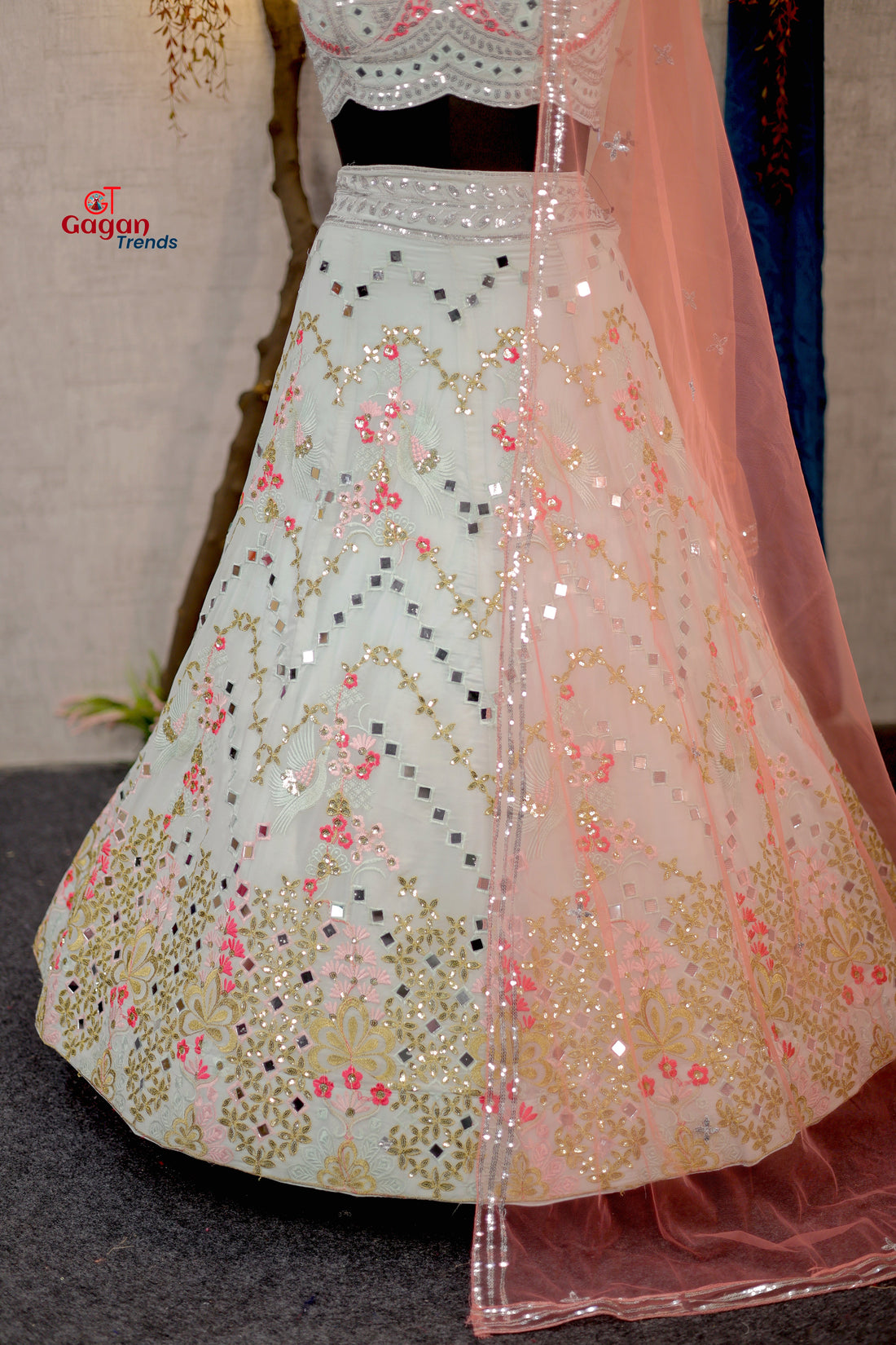 Real Mirror Work Faux Georgette Lehenga with Sequins Embroidery & Net Dupatta – Wedding & Party Wear