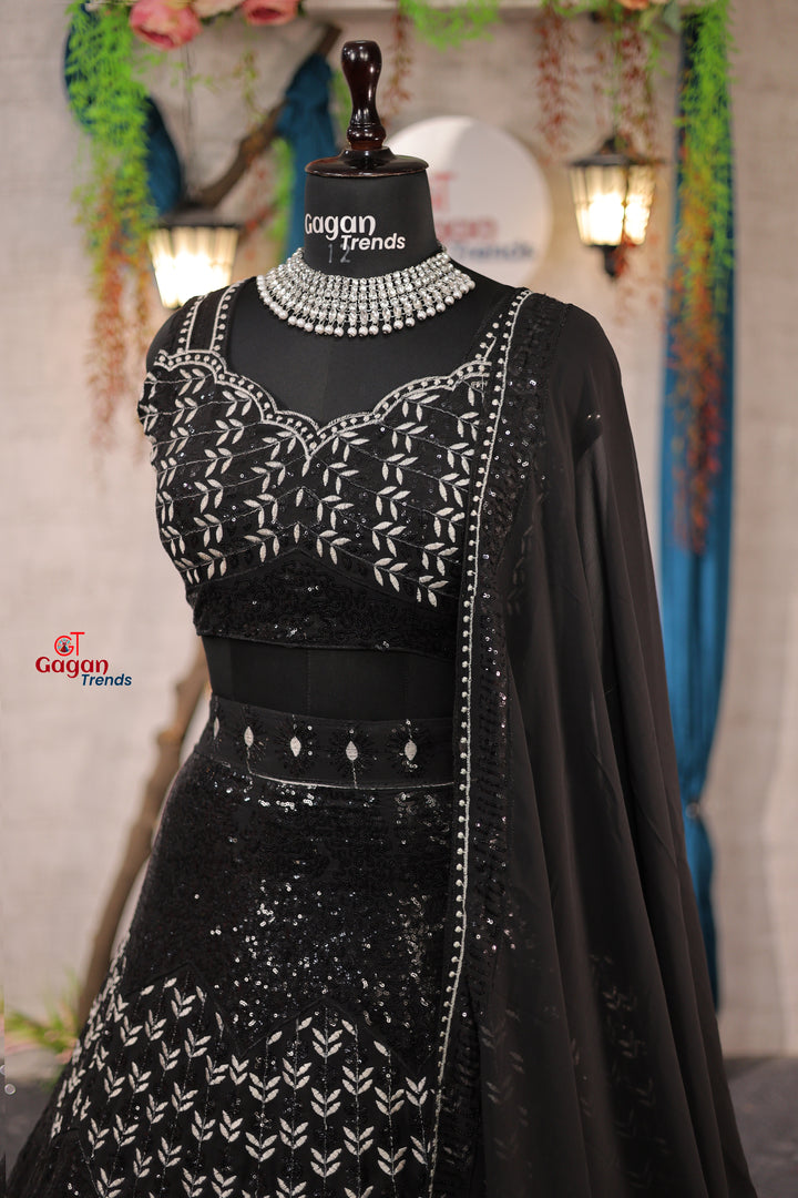 black Luxurious Faux Georgette lehenga Sequins Embroidery with Can-Can & Canvas and designer blouse.