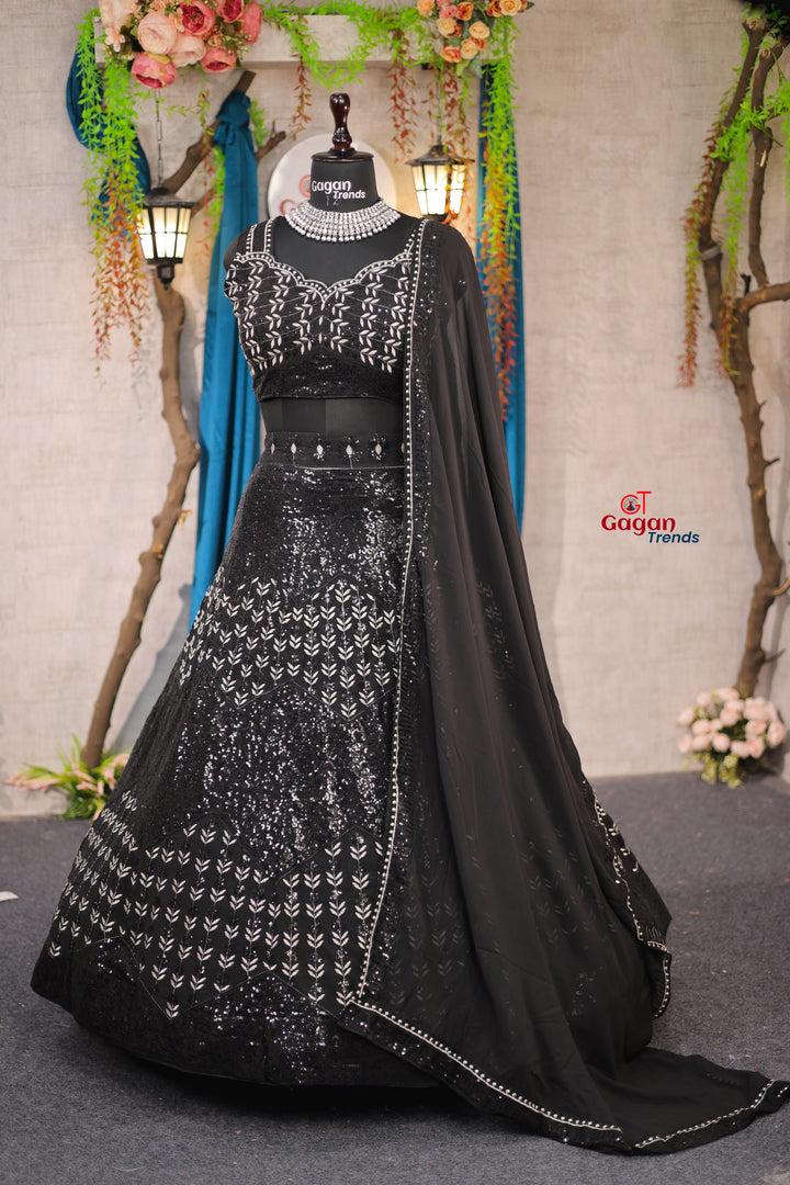 black Luxurious Faux Georgette lehenga Sequins Embroidery with Can-Can & Canvas and designer blouse.