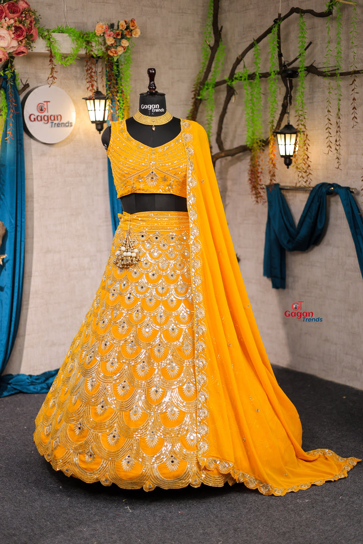Musturd  Colour lehenga with Real Mirror and  Sequins Embroidery Work With Cancan and designer blouse perfect your wedding desire