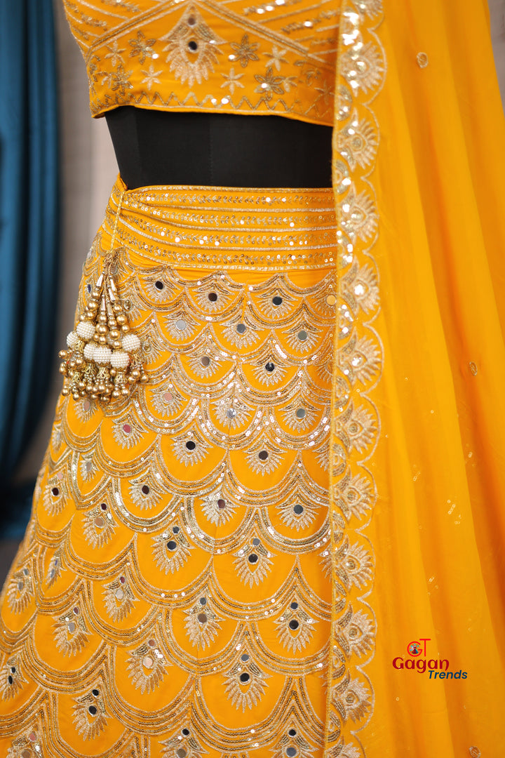 Musturd  Colour lehenga with Real Mirror and  Sequins Embroidery Work With Cancan and designer blouse perfect your wedding desire