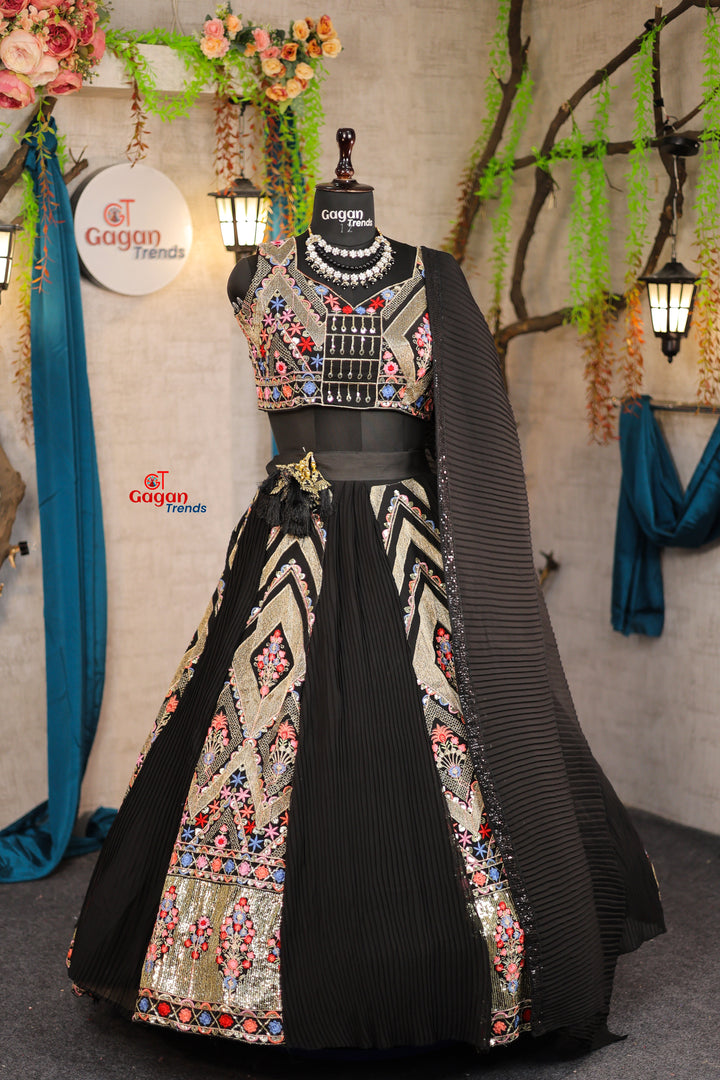 Multi colour black faux georgette lehenga with equins Embroidery Work  and designer blouse.