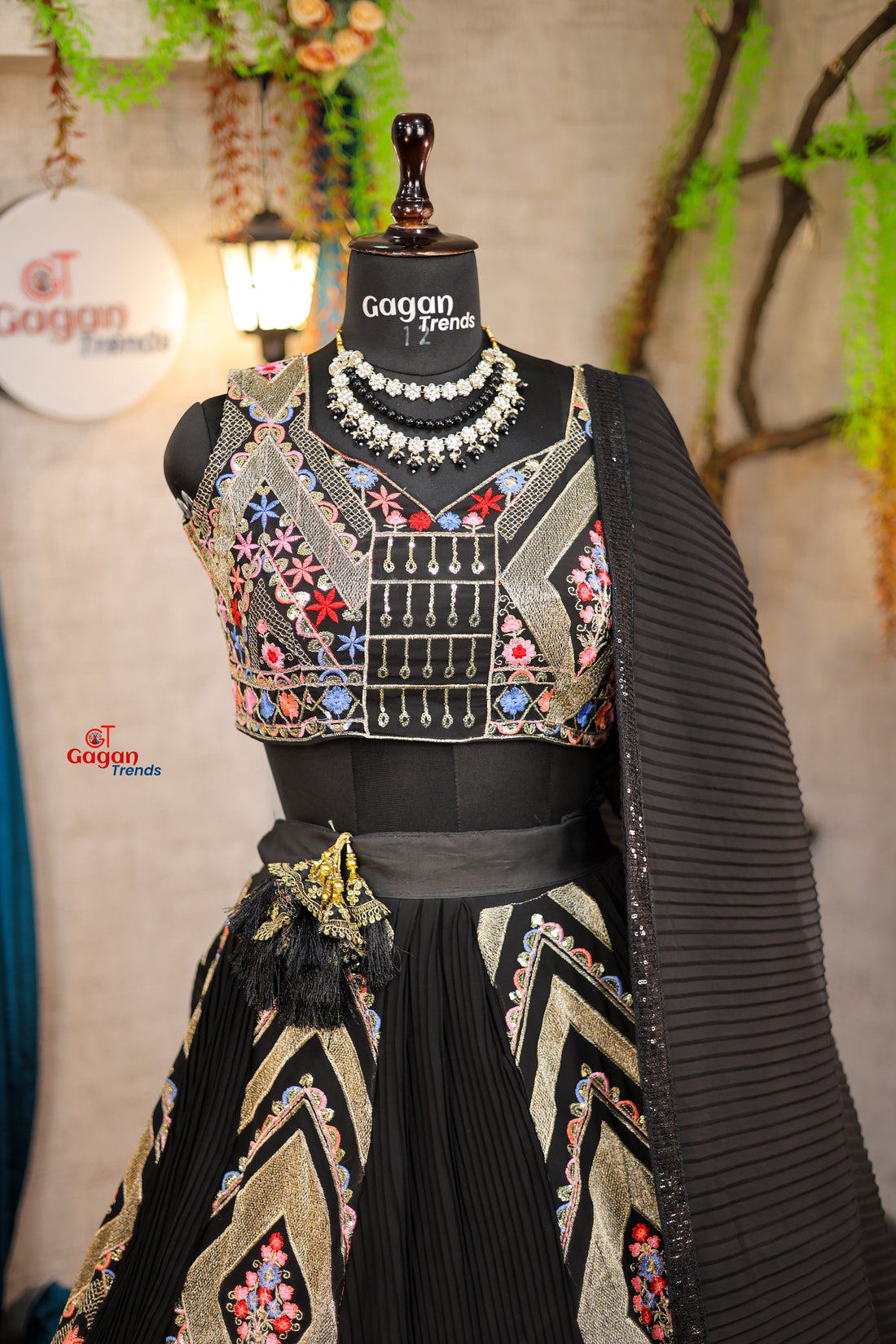Multi colour black faux georgette lehenga with equins Embroidery Work  and designer blouse.