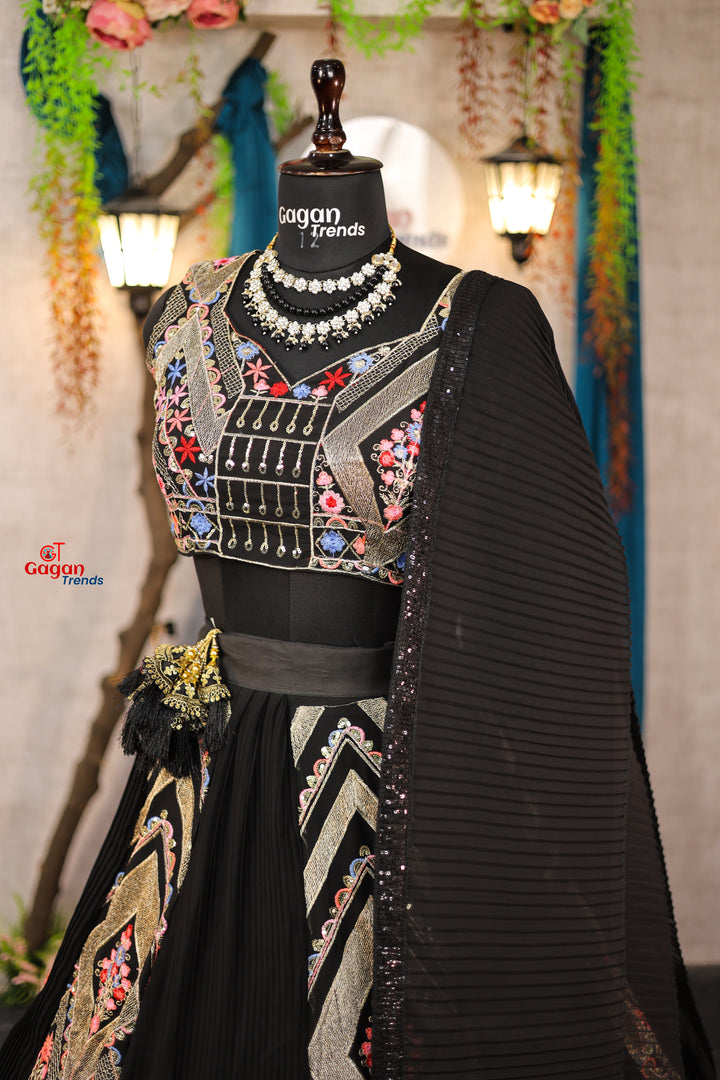 Multi colour black faux georgette lehenga with equins Embroidery Work  and designer blouse.