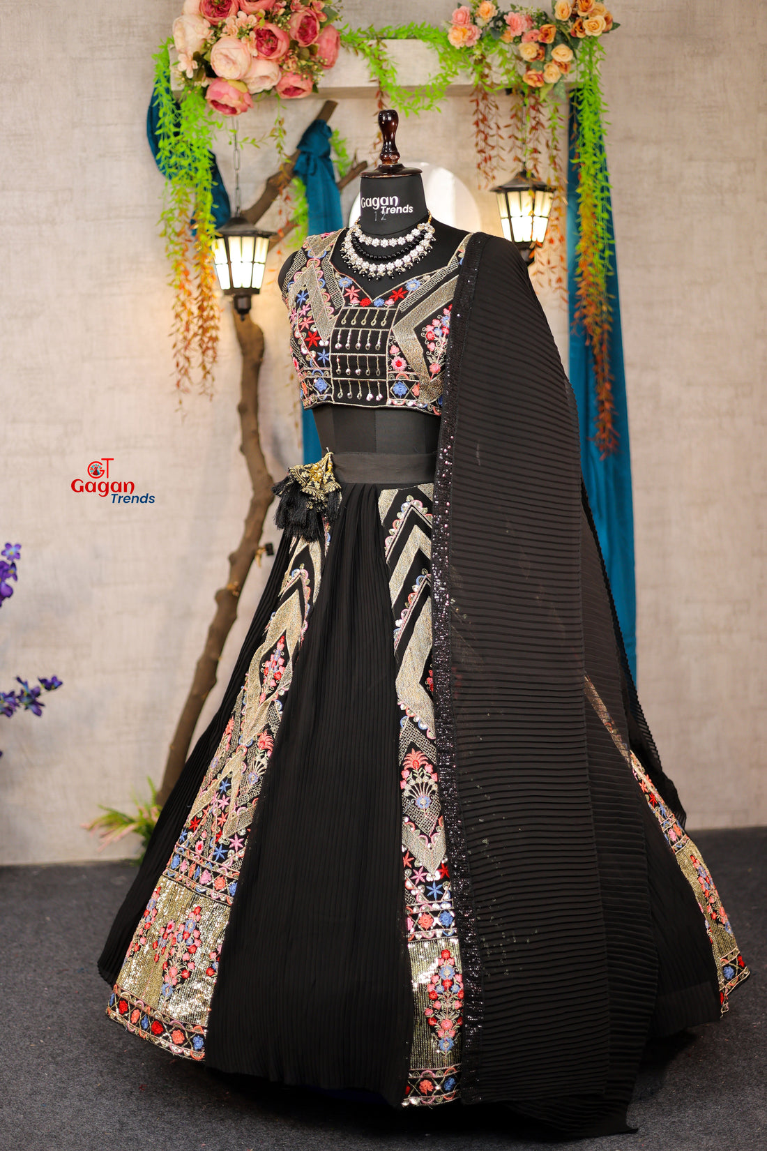 Multi colour black faux georgette lehenga with equins Embroidery Work  and designer blouse.