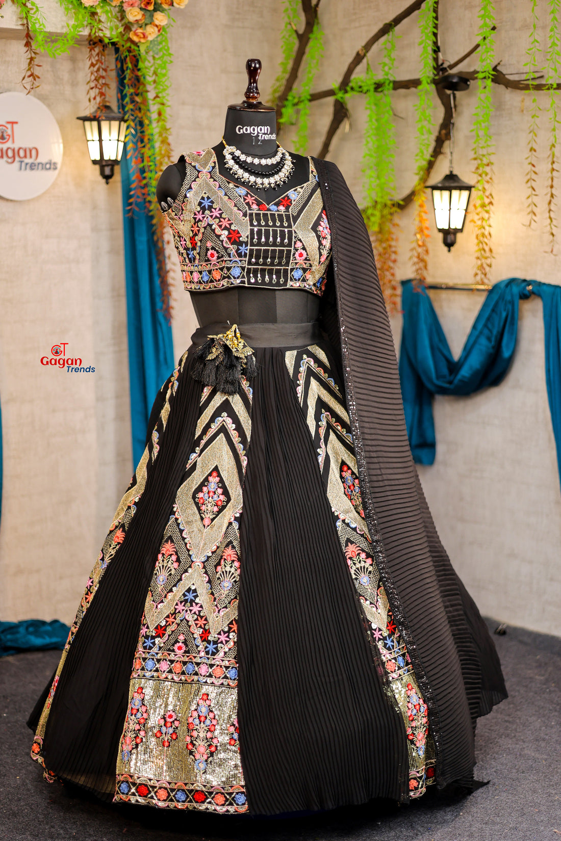 Multi colour black faux georgette lehenga with equins Embroidery Work  and designer blouse.