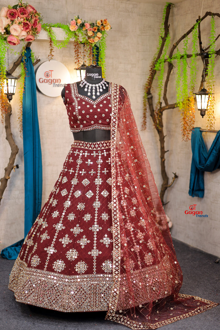 Wine colour mirror Work with Can-Can and designer blouse Festive look lehenga
