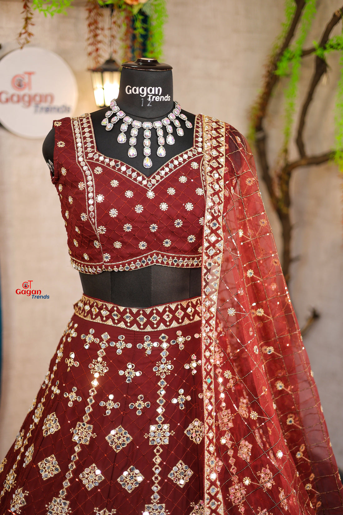 Wine colour mirror Work with Can-Can and designer blouse Festive look lehenga