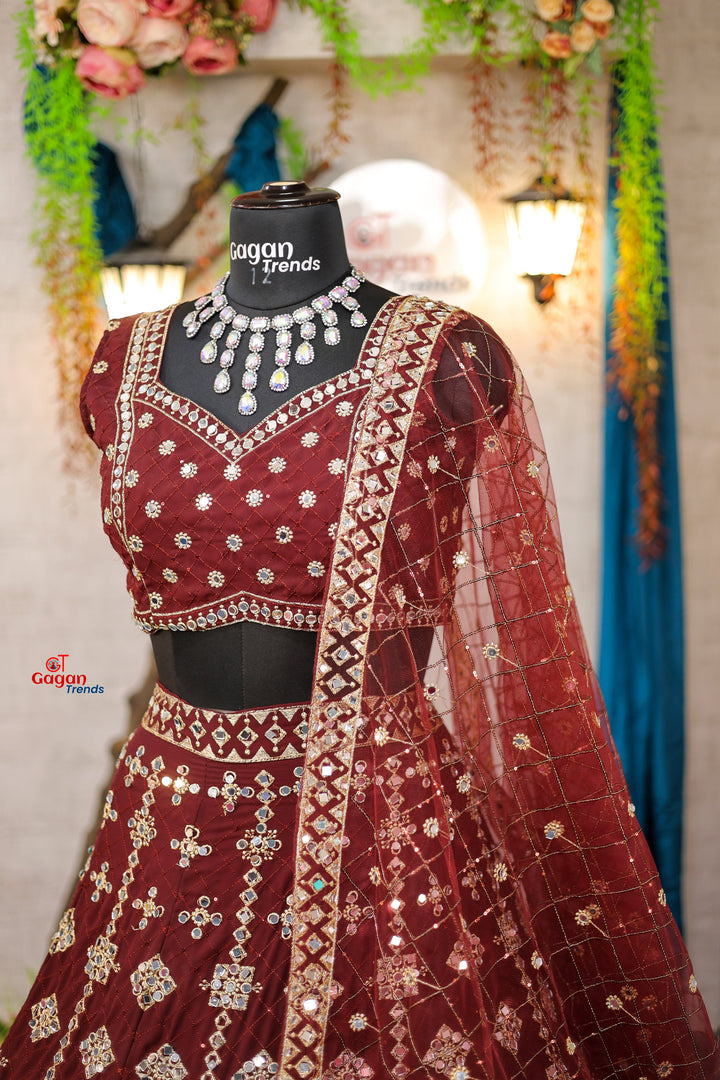 Wine colour mirror Work with Can-Can and designer blouse Festive look lehenga