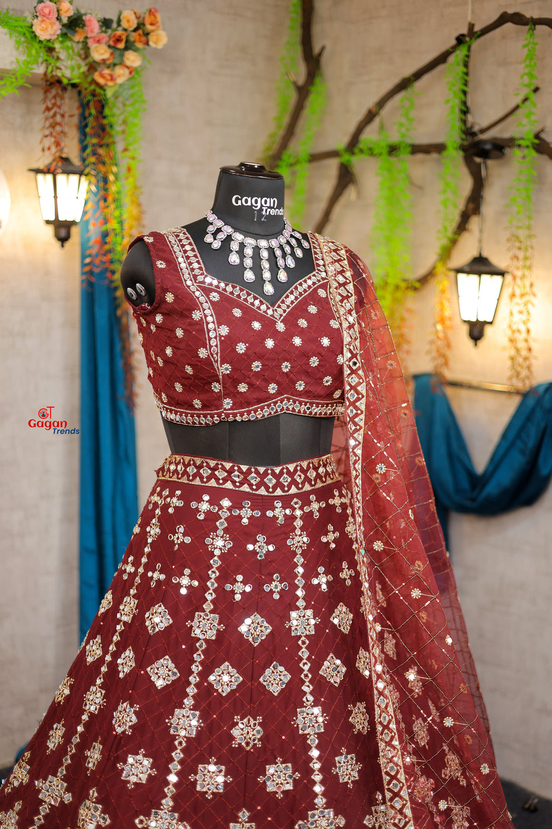 Wine colour mirror Work with Can-Can and designer blouse Festive look lehenga