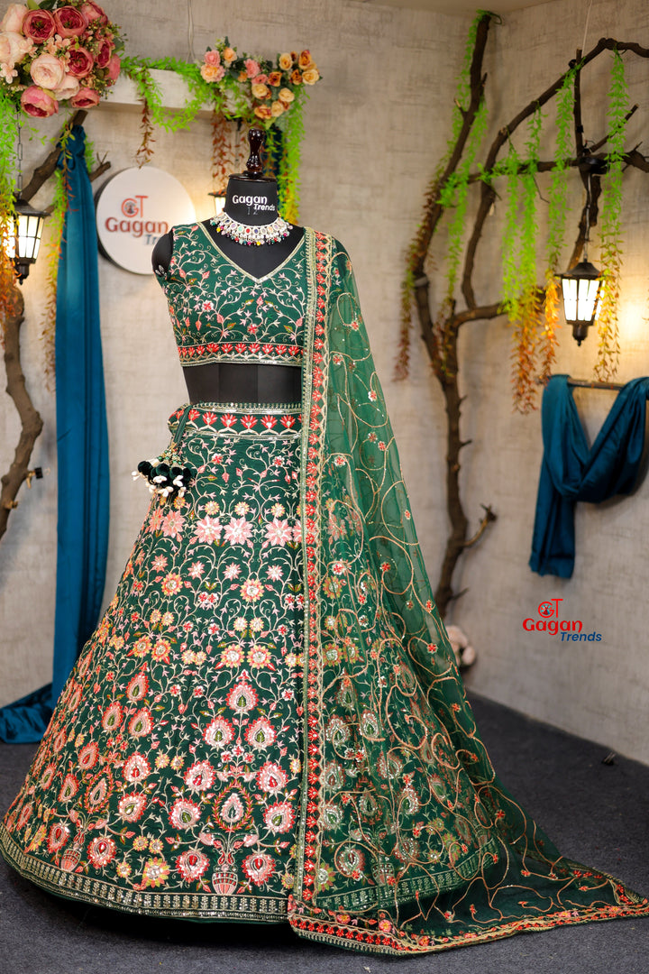 Multicolour Mehandi Colour faux Georgette lehenga with sequins Embroidery Work  and designer blouse perfect match for you