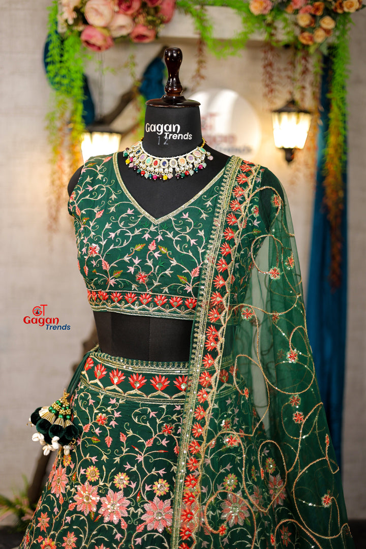 Multicolour Mehandi Colour faux Georgette lehenga with sequins Embroidery Work  and designer blouse perfect match for you