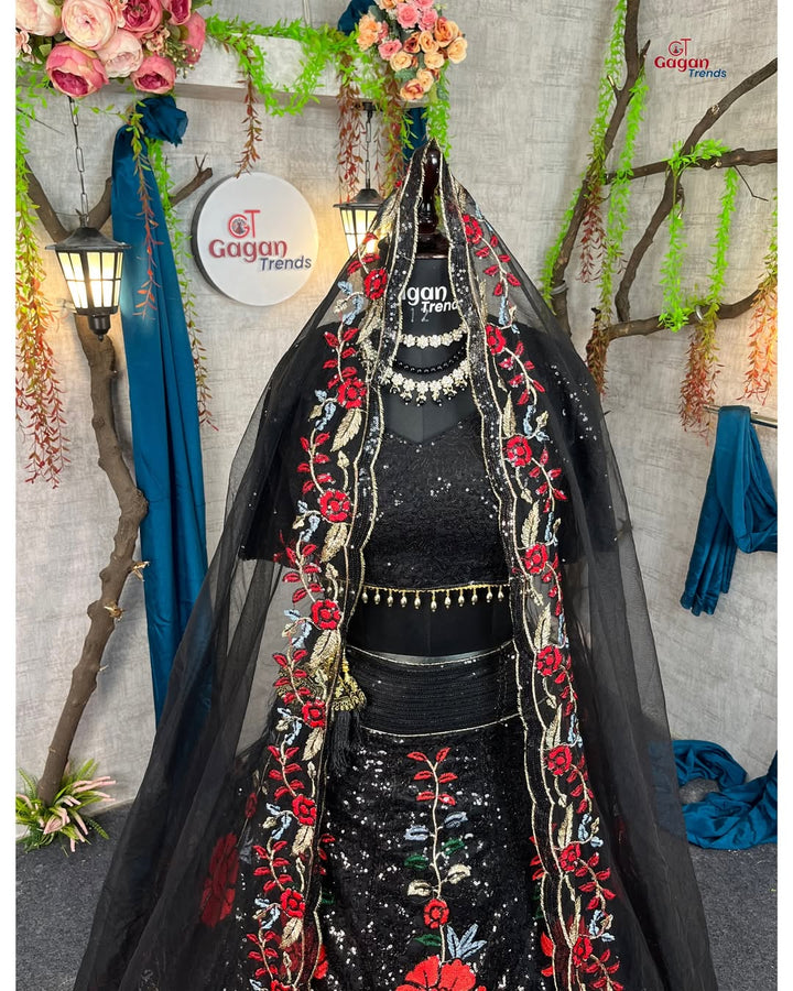 Trendy black Soft Mono Net lehenga with Embroidered Work With Cancan  and designer blouse