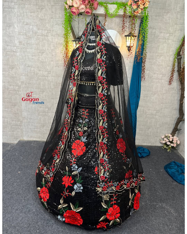 Trendy black Soft Mono Net lehenga with Embroidered Work With Cancan  and designer blouse