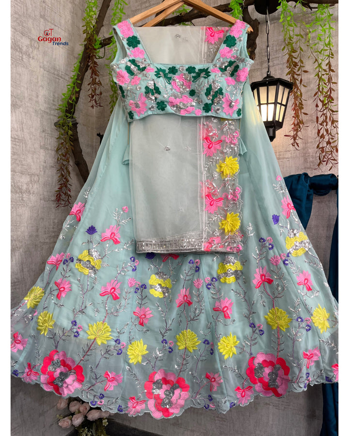Elegant Faux Georgette Lehenga with Heavy Sequins Embroidery & Net Dupatta – Perfect for Weddings & Parties