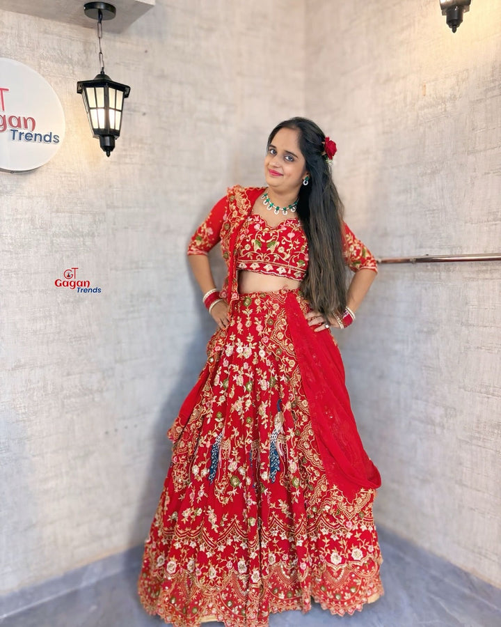Red  Premium Faux Georgette  Lehenga Choli with  Designer Blouse – Perfect for Weddings & Festive Glamour