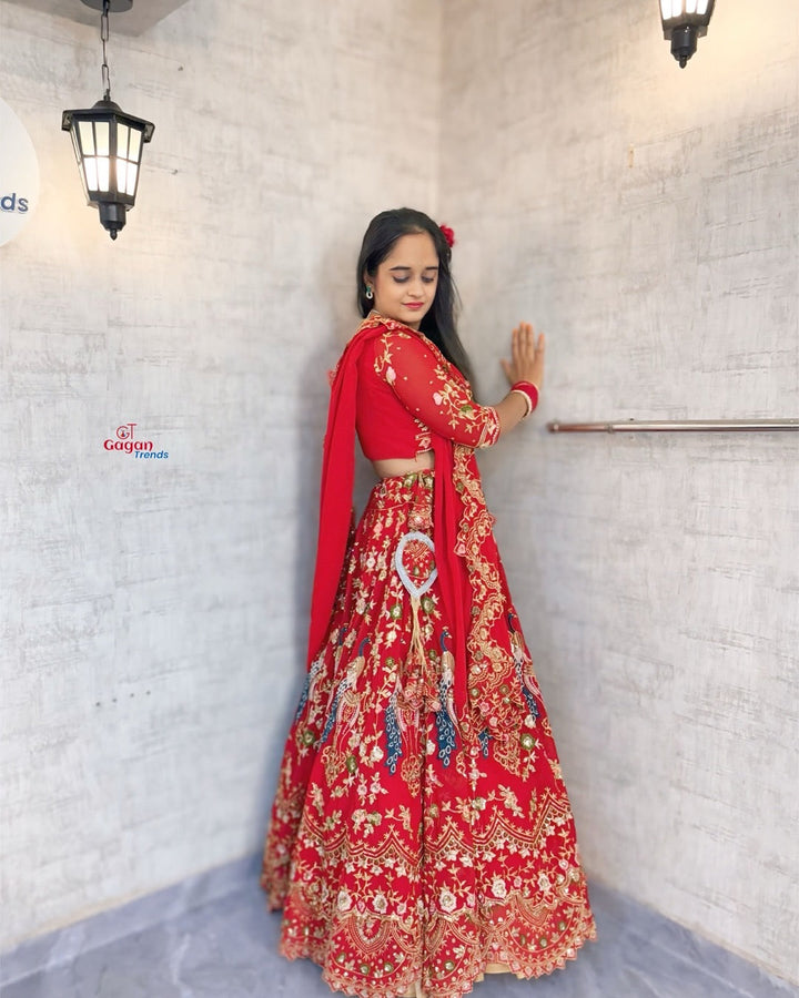 Red  Premium Faux Georgette  Lehenga Choli with  Designer Blouse – Perfect for Weddings & Festive Glamour