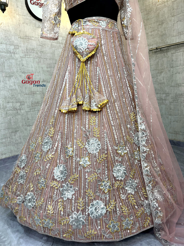 Soft Net Embroidery Sequins Lehenga Set – Semi-Stitched with Dupatta