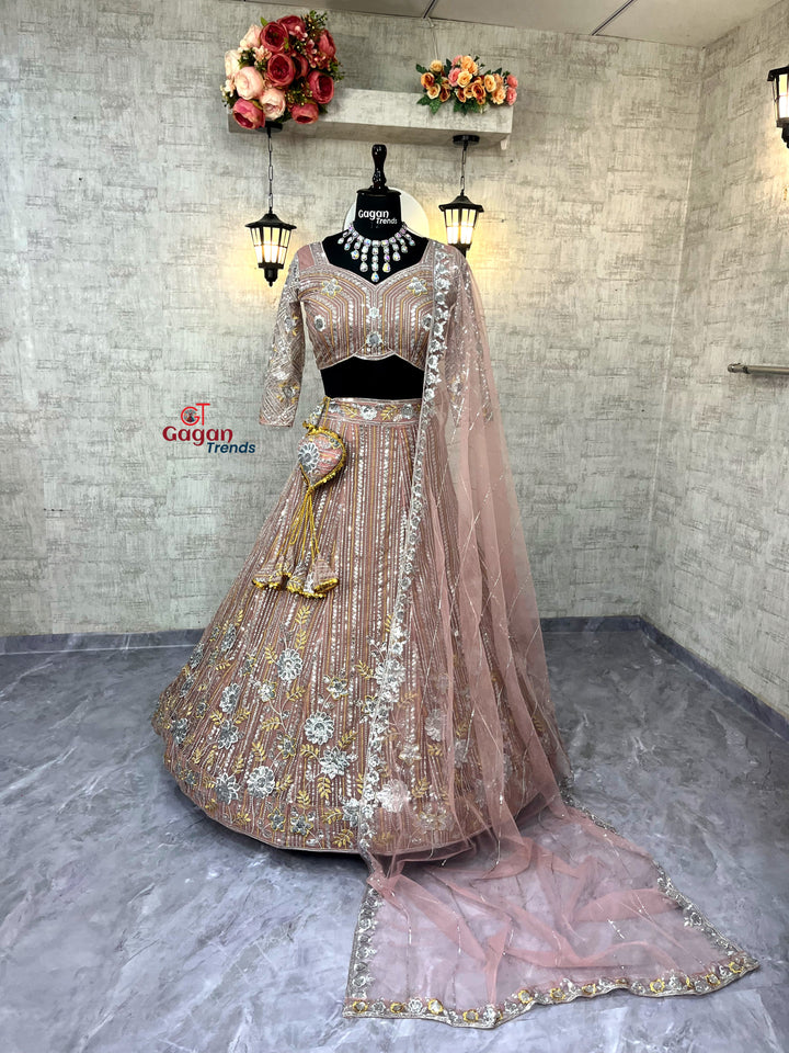 Soft Net Embroidery Sequins Lehenga Set – Semi-Stitched with Dupatta