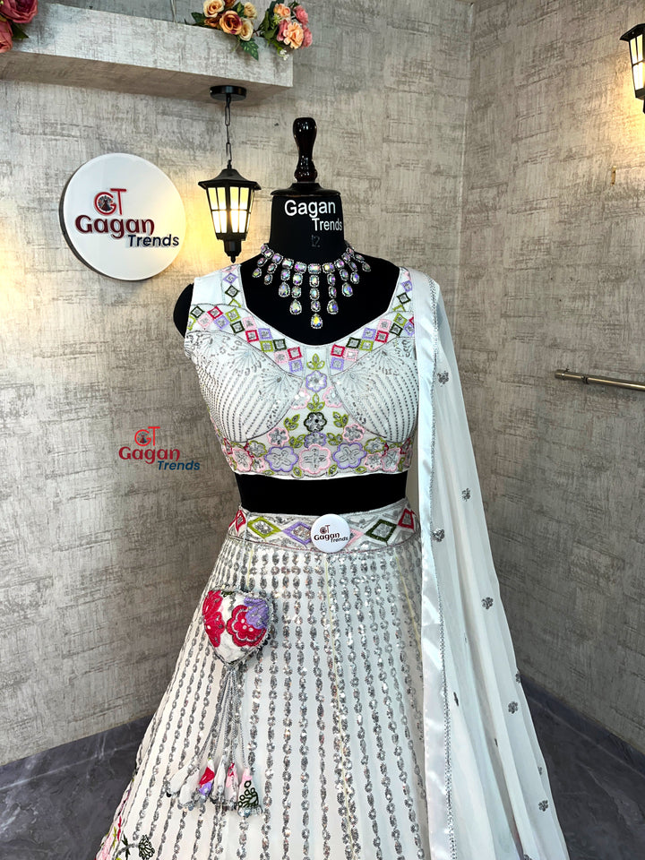 Graceful Glam: Embroidered Fox Georgette Lehenga Set with Mirror Work