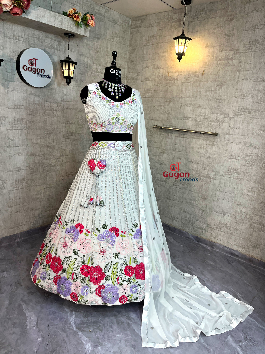 Graceful Glam: Embroidered Fox Georgette Lehenga Set with Mirror Work