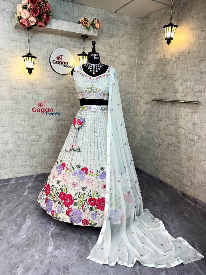 Graceful Glam: Embroidered Fox Georgette Lehenga Set with Mirror Work