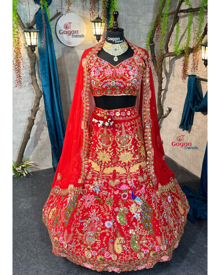 Red  Premium Faux Georgette  Lehenga with  Designer Blouse – Perfect for Weddings & Festive Glamour