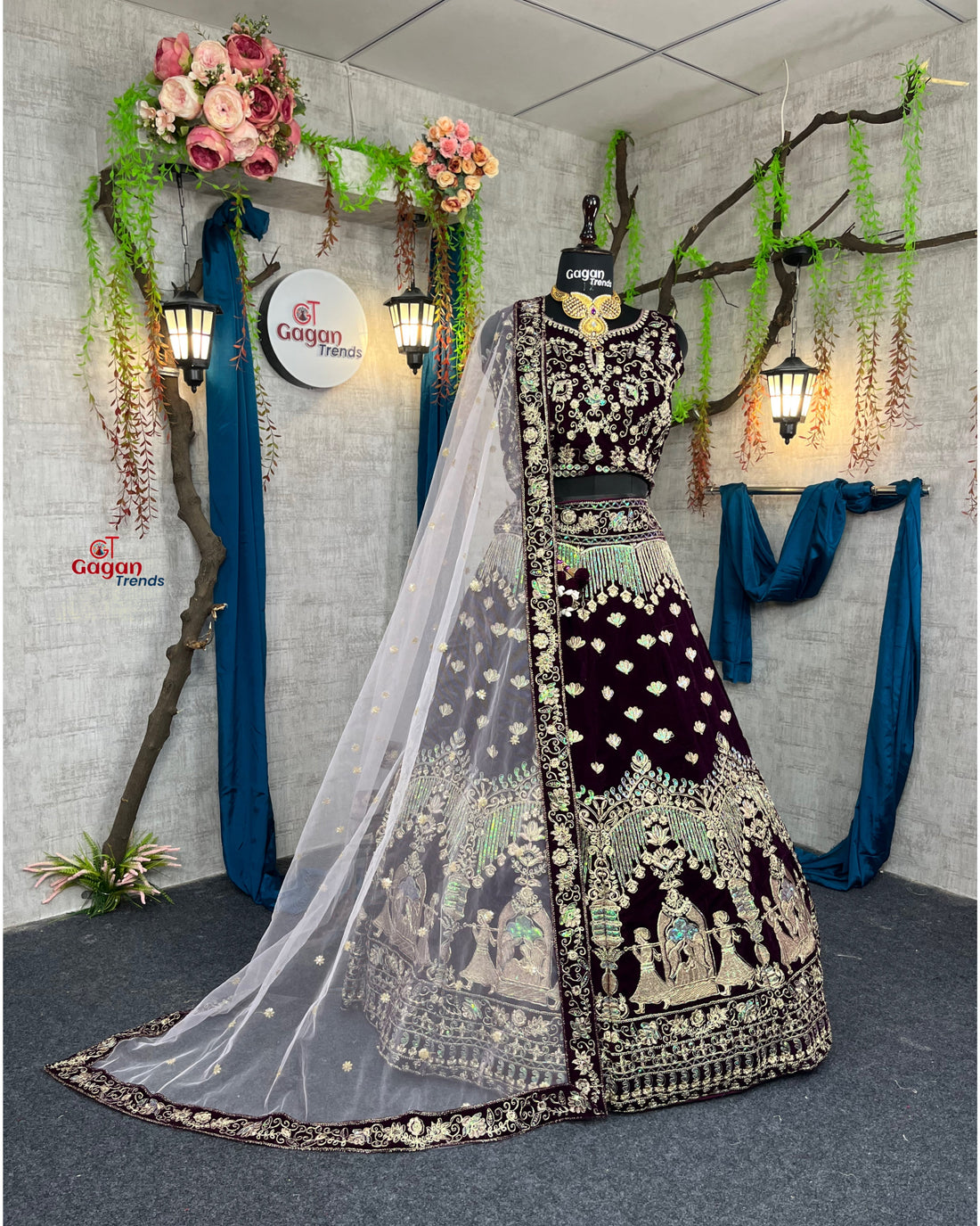 Luxury Wine Velvet Lehenga with Heavy Coding Sequins Embroidery & Dual Dupatta – Bridal & Party Wear