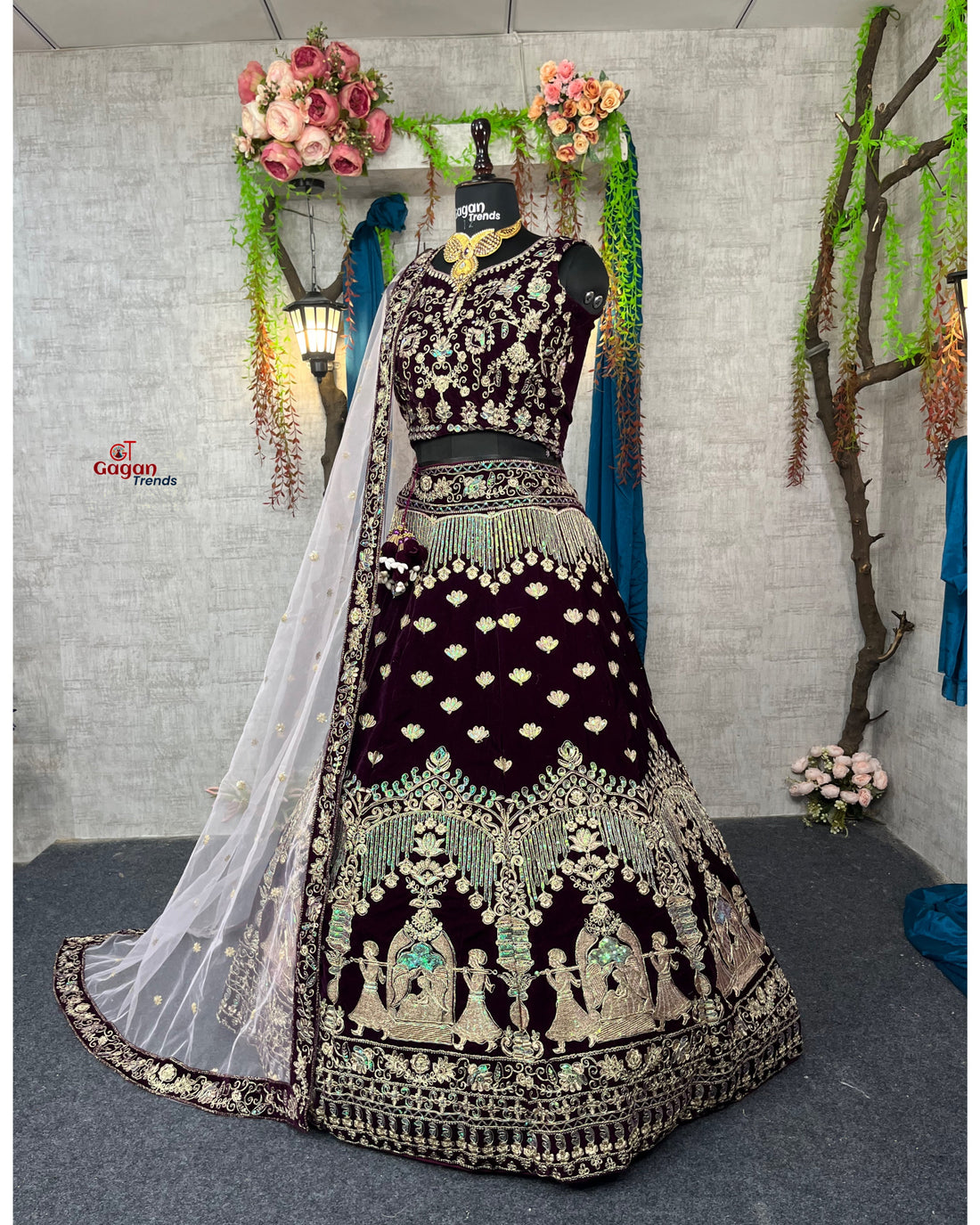 Luxury Wine Velvet Lehenga with Heavy Coding Sequins Embroidery & Dual Dupatta – Bridal & Party Wear