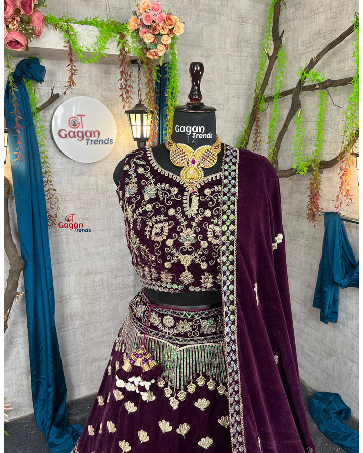 Luxury Wine Velvet Lehenga with Heavy Coding Sequins Embroidery & Dual Dupatta – Bridal & Party Wear
