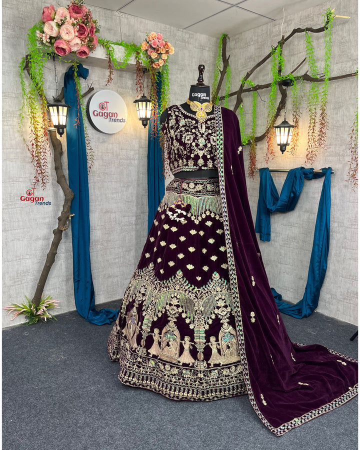 Luxury Wine Velvet Lehenga with Heavy Coding Sequins Embroidery & Dual Dupatta – Bridal & Party Wear