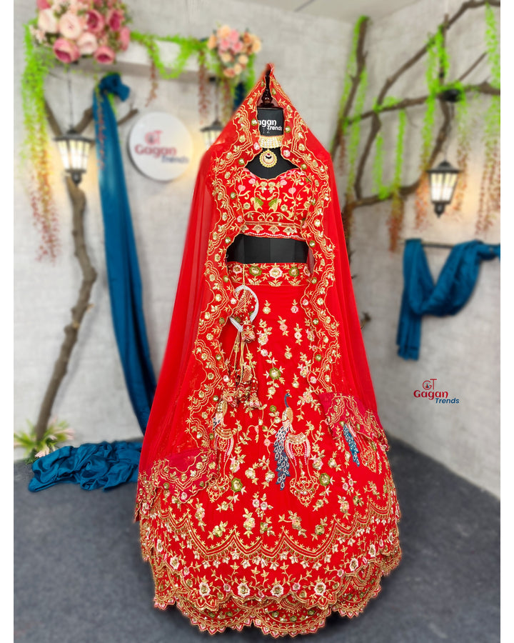 Red  Premium Faux Georgette  Lehenga with  Designer Blouse – Perfect for Weddings & Festive Glamour